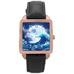 Waves Ocean Sea Tsunami Nautical Blue Rose Gold Leather Watch  Front