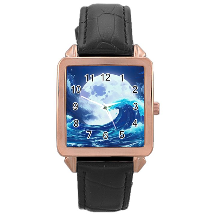 Waves Ocean Sea Tsunami Nautical Blue Rose Gold Leather Watch 