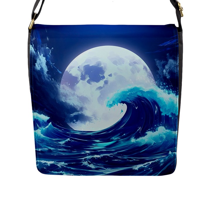 Waves Ocean Sea Tsunami Nautical Blue Flap Closure Messenger Bag (L)