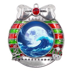 Waves Ocean Sea Tsunami Nautical Blue Metal X mas Ribbon With Red Crystal Round Ornament by uniart180623