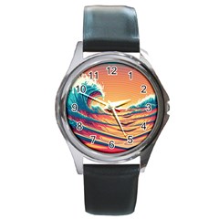 Waves Ocean Sea Tsunami Nautical Art Nature Round Metal Watch by uniart180623