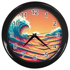 Waves Ocean Sea Tsunami Nautical Art Nature Wall Clock (black) by uniart180623