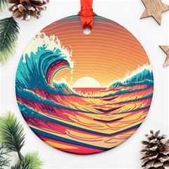 Waves Ocean Sea Tsunami Nautical Art Nature Round Ornament (two Sides) by uniart180623