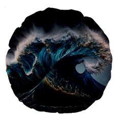 Tsunami Waves Ocean Sea Water Rough Seas Large 18  Premium Round Cushions by uniart180623