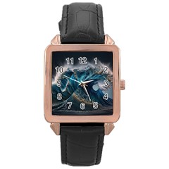 Tsunami Waves Ocean Sea Water Rough Seas Rose Gold Leather Watch  by uniart180623