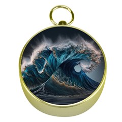 Tsunami Waves Ocean Sea Water Rough Seas Gold Compasses by uniart180623