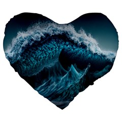 Tsunami Waves Ocean Sea Water Rough Seas Large 19  Premium Heart Shape Cushions by uniart180623