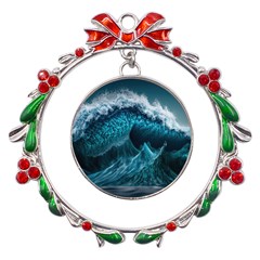 Tsunami Waves Ocean Sea Water Rough Seas Metal X mas Wreath Ribbon Ornament by uniart180623