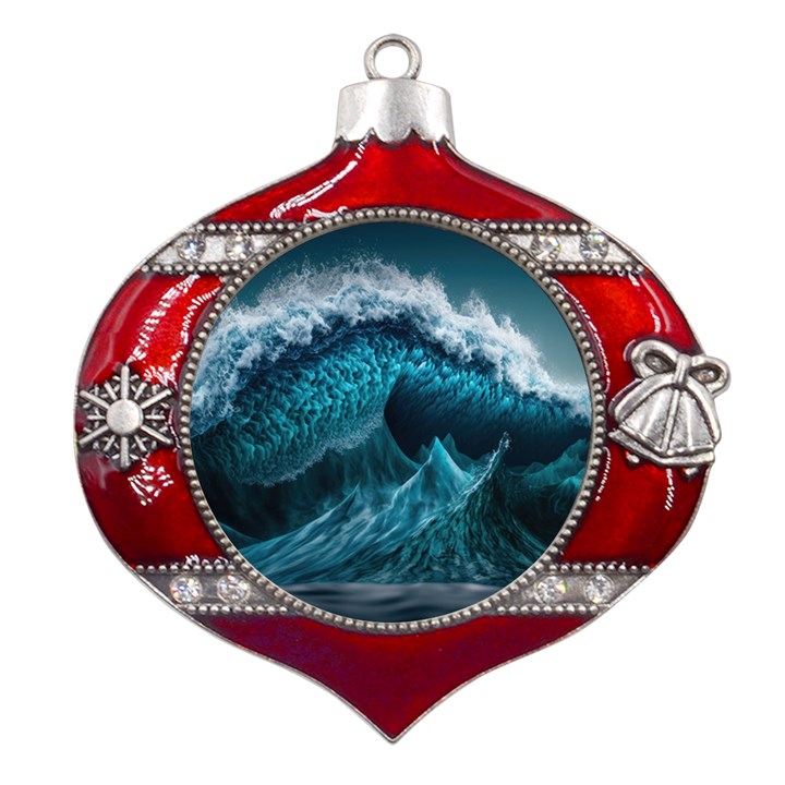 Tsunami Waves Ocean Sea Water Rough Seas Metal Snowflake And Bell Red Ornament