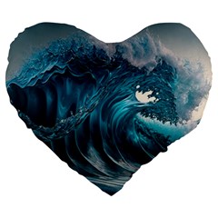 Tsunami Waves Ocean Sea Water Rough Seas Large 19  Premium Flano Heart Shape Cushions