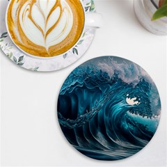 Tsunami Waves Ocean Sea Water Rough Seas Uv Print Round Tile Coaster by uniart180623