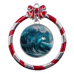 Tsunami Waves Ocean Sea Water Rough Seas Metal Red Ribbon Round Ornament by uniart180623