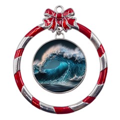 Tsunami Waves Ocean Sea Water Rough Seas Metal Red Ribbon Round Ornament by uniart180623