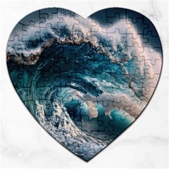 Tsunami Waves Ocean Sea Water Rough Seas Jigsaw Puzzle (heart) by uniart180623