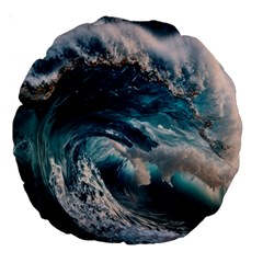 Tsunami Waves Ocean Sea Water Rough Seas Large 18  Premium Round Cushions by uniart180623