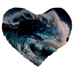 Tsunami Waves Ocean Sea Water Rough Seas Large 19  Premium Heart Shape Cushions by uniart180623