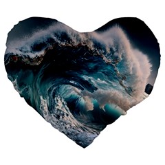 Tsunami Waves Ocean Sea Water Rough Seas Large 19  Premium Flano Heart Shape Cushions by uniart180623