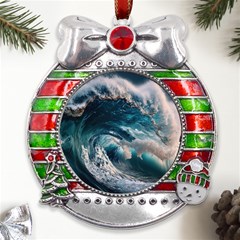 Tsunami Waves Ocean Sea Water Rough Seas Metal X mas Ribbon With Red Crystal Round Ornament