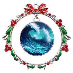 Tsunami Tidal Wave Ocean Waves Sea Nature Water Metal X mas Wreath Ribbon Ornament by uniart180623