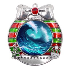 Tsunami Tidal Wave Ocean Waves Sea Nature Water Metal X mas Ribbon With Red Crystal Round Ornament by uniart180623