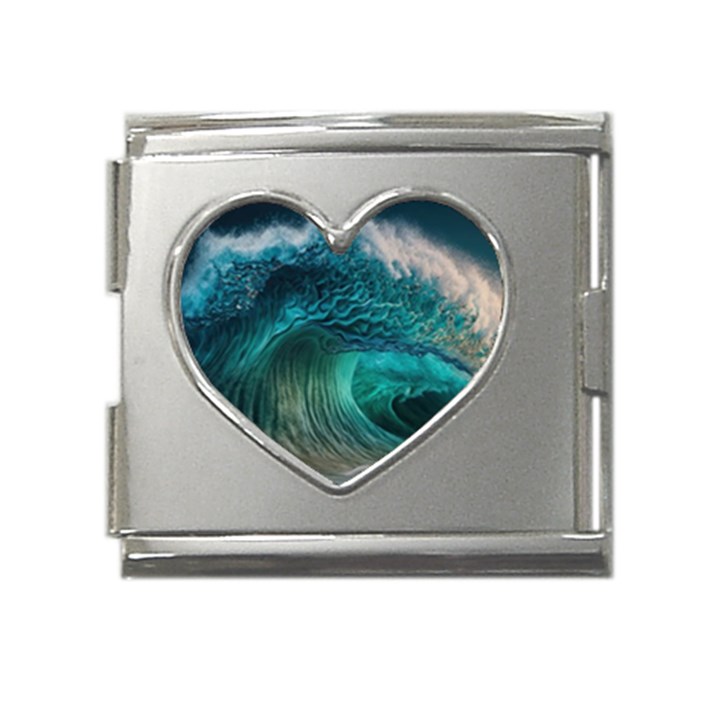 Tsunami Waves Ocean Sea Water Rough Seas Mega Link Heart Italian Charm (18mm)