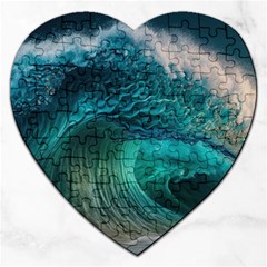 Tsunami Waves Ocean Sea Water Rough Seas Jigsaw Puzzle (heart) by uniart180623