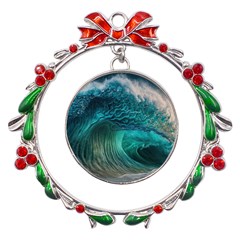 Tsunami Waves Ocean Sea Water Rough Seas Metal X mas Wreath Ribbon Ornament