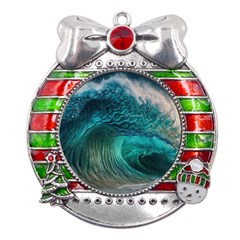 Tsunami Waves Ocean Sea Water Rough Seas Metal X mas Ribbon With Red Crystal Round Ornament by uniart180623