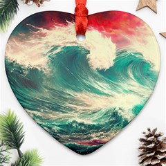 Storm Tsunami Waves Ocean Sea Nautical Nature Painting Heart Ornament (two Sides) by uniart180623