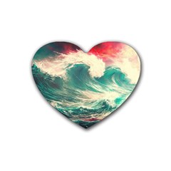 Storm Tsunami Waves Ocean Sea Nautical Nature Painting Rubber Heart Coaster (4 Pack) by uniart180623