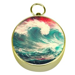 Storm Tsunami Waves Ocean Sea Nautical Nature Painting Gold Compasses by uniart180623