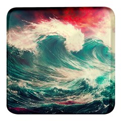 Storm Tsunami Waves Ocean Sea Nautical Nature Painting Square Glass Fridge Magnet (4 Pack)