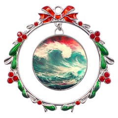 Storm Tsunami Waves Ocean Sea Nautical Nature Painting Metal X mas Wreath Ribbon Ornament