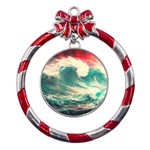 Storm Tsunami Waves Ocean Sea Nautical Nature Painting Metal Red Ribbon Round Ornament Front