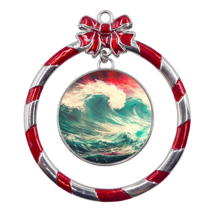 Storm Tsunami Waves Ocean Sea Nautical Nature Painting Metal Red Ribbon Round Ornament