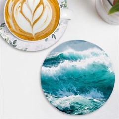 Waves Ocean Sea Tsunami Nautical Blue Sea Uv Print Round Tile Coaster by uniart180623