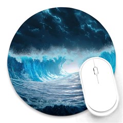 Thunderstorm Storm Tsunami Waves Ocean Sea Round Mousepad by uniart180623