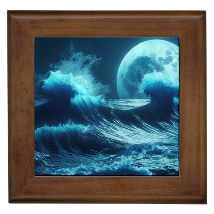 Moonlight High Tide Storm Tsunami Waves Ocean Sea Framed Tile