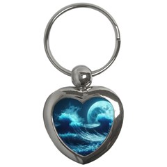 Moonlight High Tide Storm Tsunami Waves Ocean Sea Key Chain (heart) by uniart180623