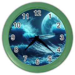 Moonlight High Tide Storm Tsunami Waves Ocean Sea Color Wall Clock by uniart180623