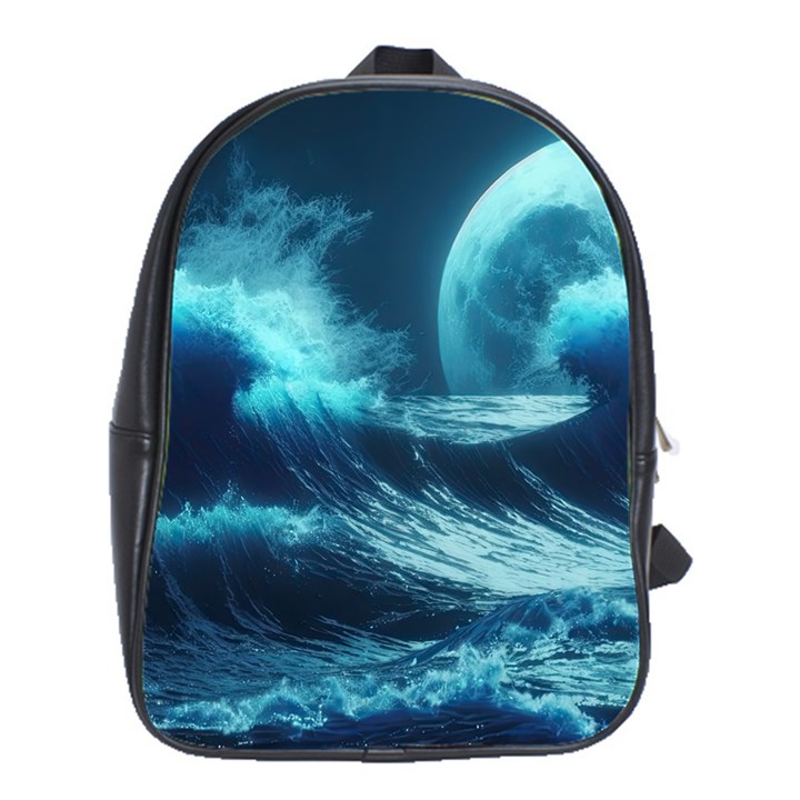 Moonlight High Tide Storm Tsunami Waves Ocean Sea School Bag (Large)