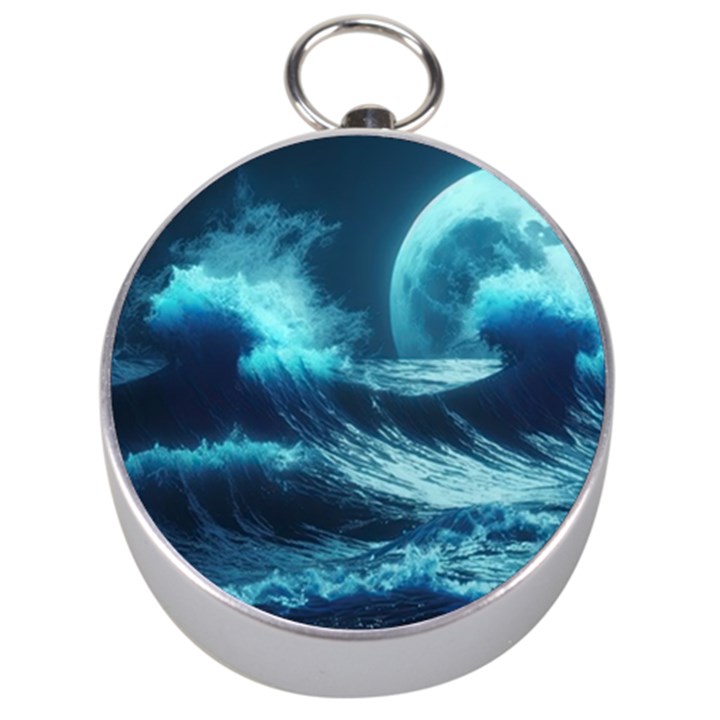 Moonlight High Tide Storm Tsunami Waves Ocean Sea Silver Compasses