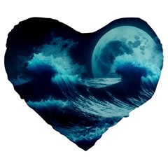 Moonlight High Tide Storm Tsunami Waves Ocean Sea Large 19  Premium Flano Heart Shape Cushions by uniart180623