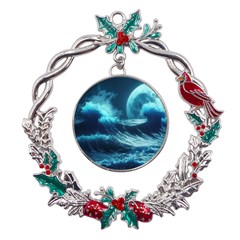 Moonlight High Tide Storm Tsunami Waves Ocean Sea Metal X mas Wreath Holly Leaf Ornament by uniart180623