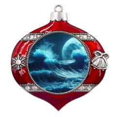 Moonlight High Tide Storm Tsunami Waves Ocean Sea Metal Snowflake And Bell Red Ornament by uniart180623