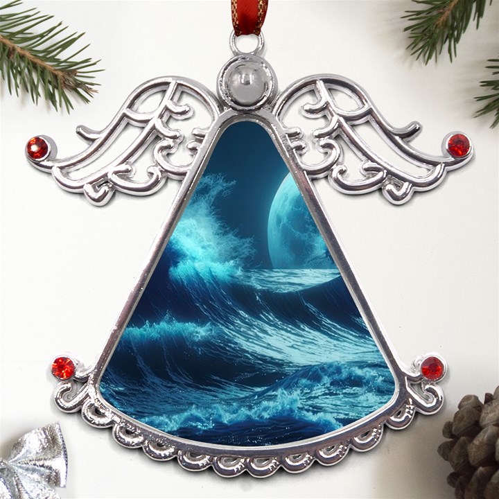 Moonlight High Tide Storm Tsunami Waves Ocean Sea Metal Angel with Crystal Ornament