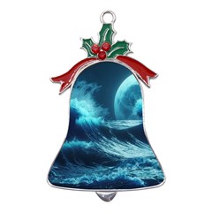 Moonlight High Tide Storm Tsunami Waves Ocean Sea Metal Holly Leaf Bell Ornament by uniart180623