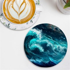 Thunderstorm Tsunami Tidal Wave Ocean Waves Sea Uv Print Round Tile Coaster by uniart180623