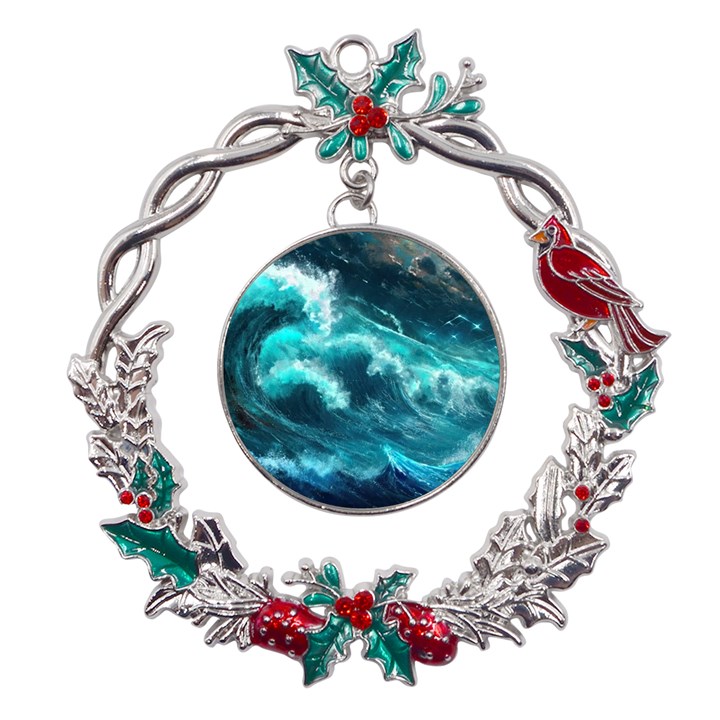 Thunderstorm Tsunami Tidal Wave Ocean Waves Sea Metal X mas Wreath Holly leaf Ornament