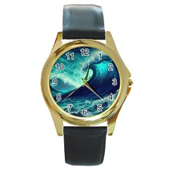 Ai Generated Waves Ocean Sea Tsunami Nautical Fantasy Round Gold Metal Watch by uniart180623